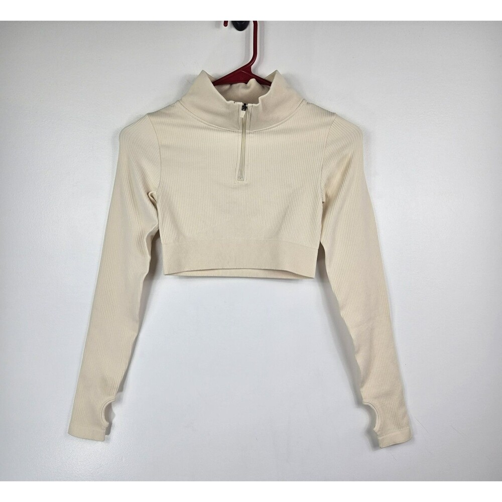 OQQ Women's Size XS‎ Ivory Half Zip Long Sleeve Crop Top NWOT